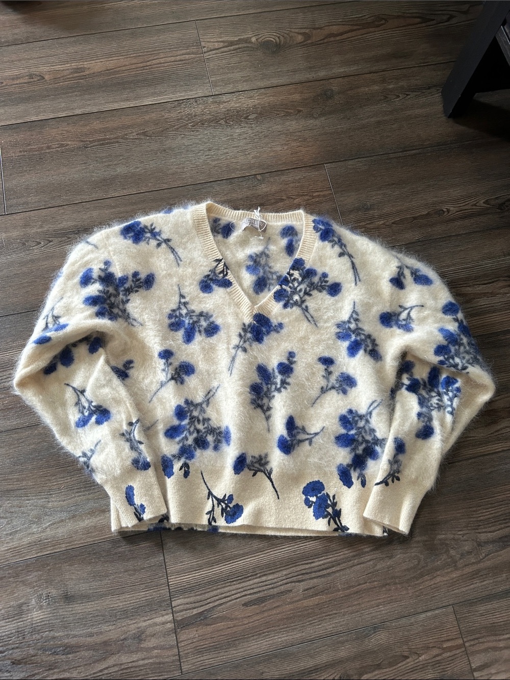 J Crew Cashmere Cream & Blue Floral V-Neck Sweater